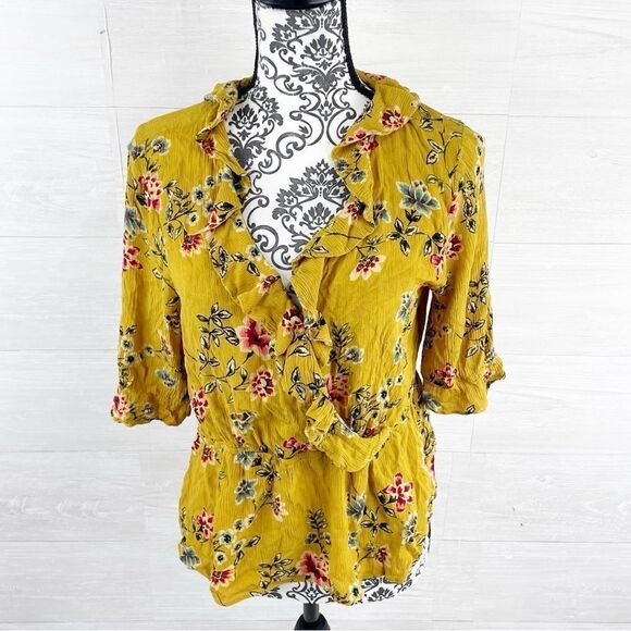Sundance Calla Floral Ruffle Collar Peplum Crinkle Top - Picture 2 of 9